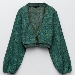 Zara Cropped Chunky Cardigan in Teal Green